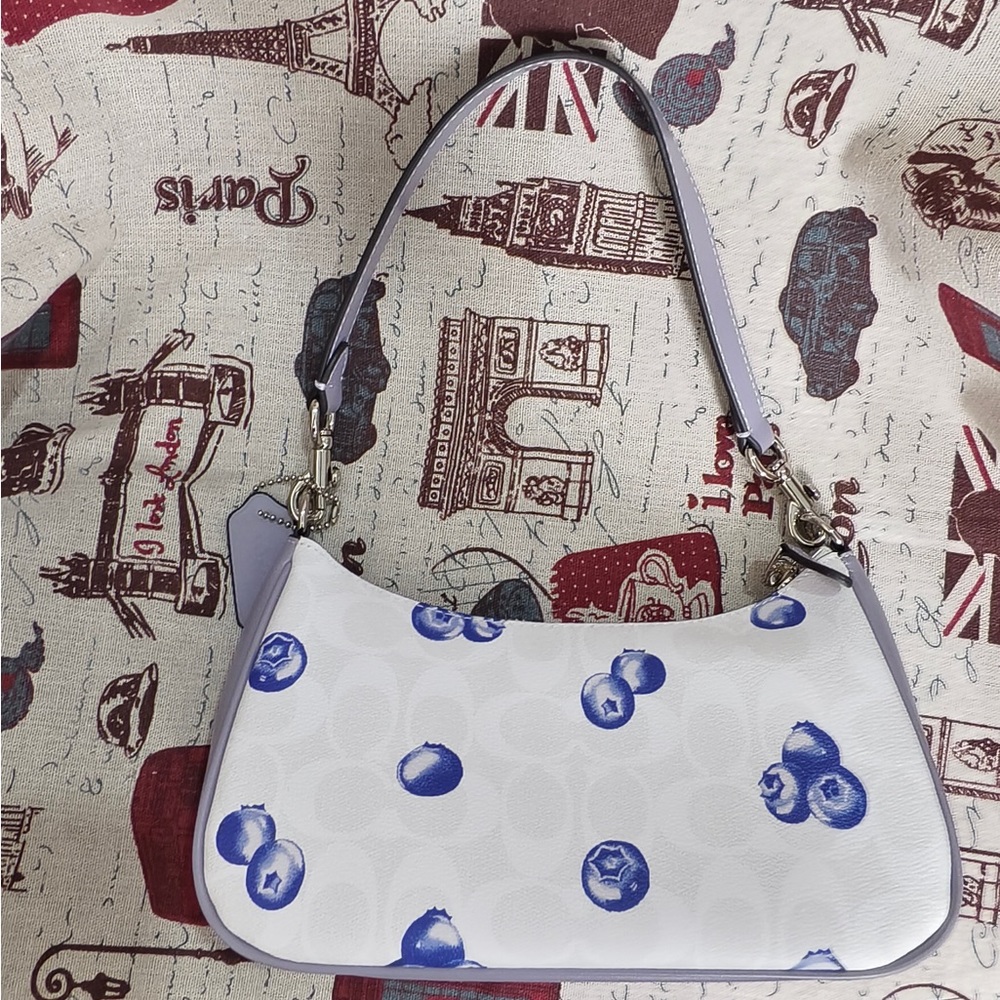 COACH White Shoulder Bag with Blue Berry Print - Picture 3 of 10